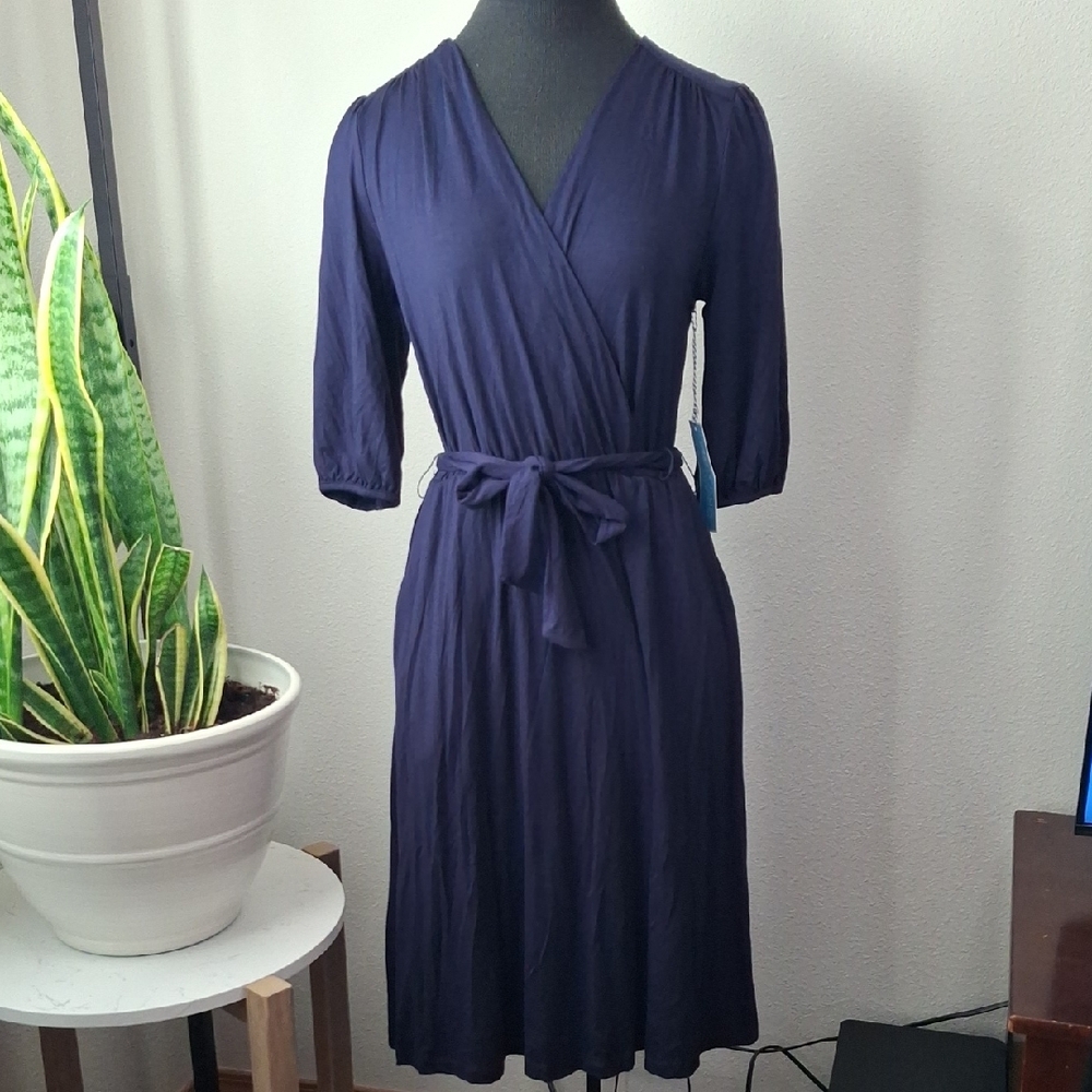 Draper James Blue Wrap Dress with Tie Front and 3/4 Cuffed Sleeves